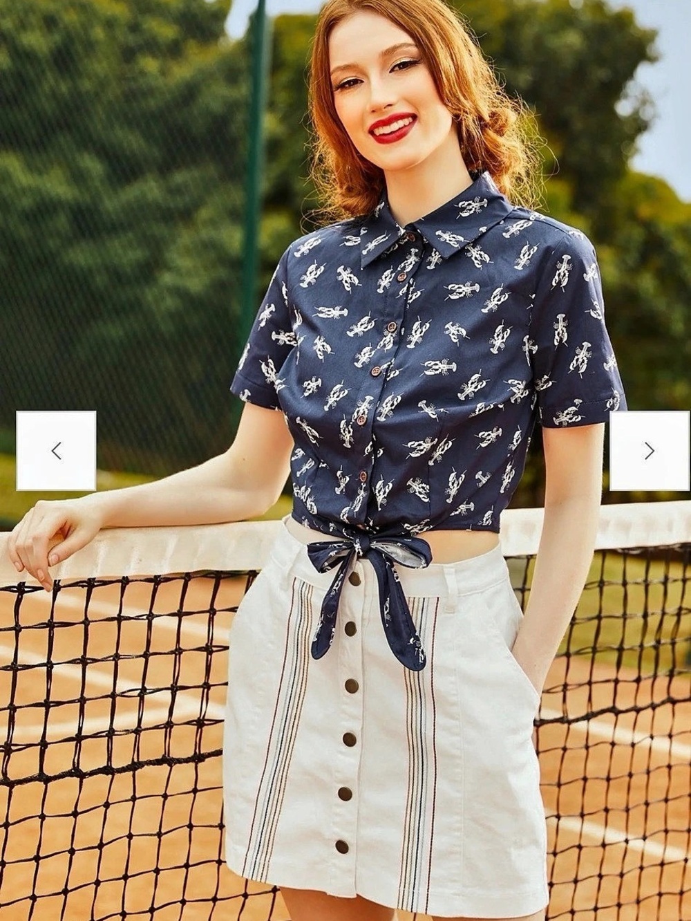 ModCloth Collectif Sammy Lobster Print Blue Tie-Front Crop Top Medium NWT